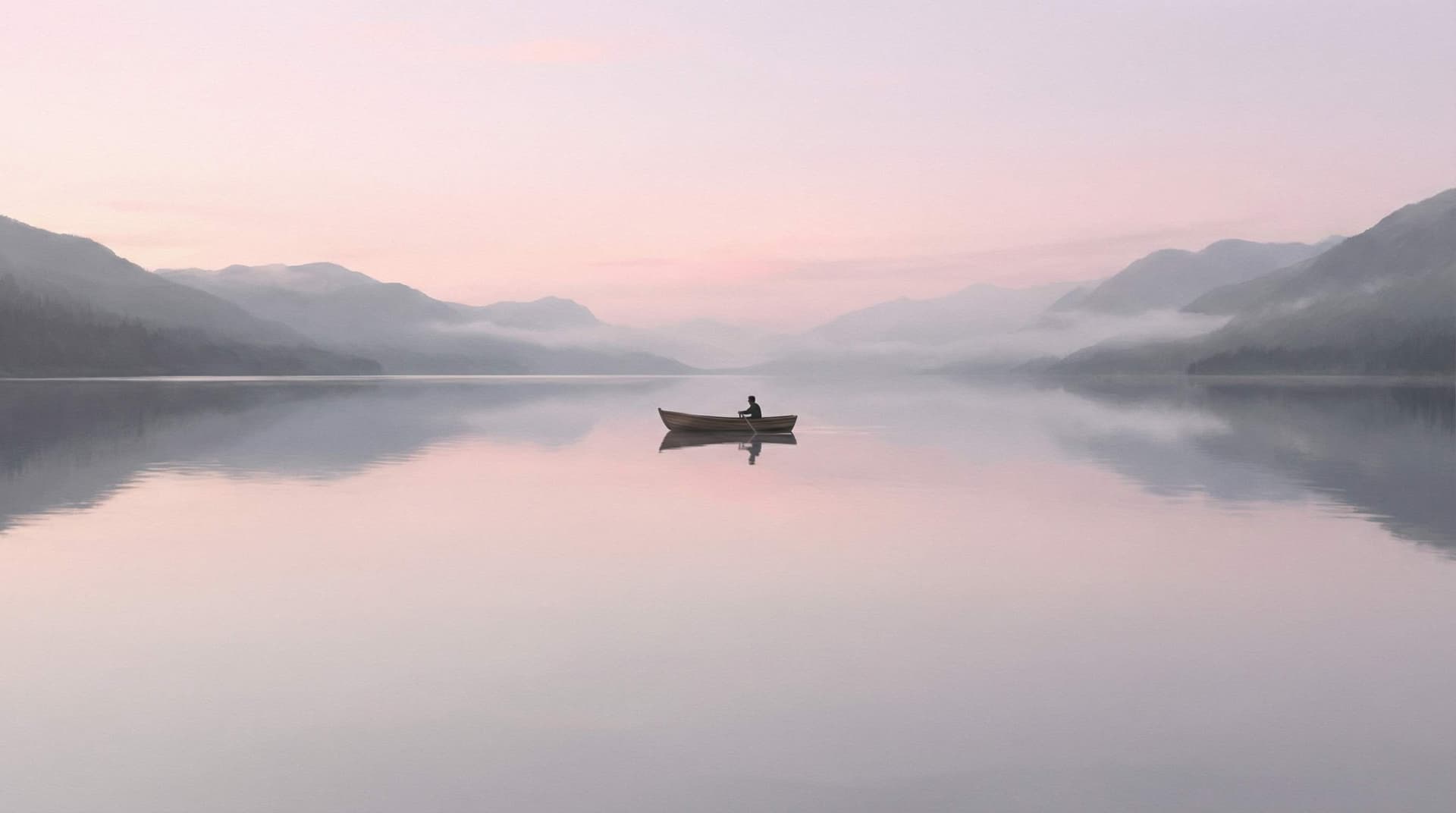 Studio showreel -- cinematic still of a lone boat on a misty lake